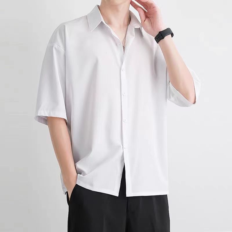 Hong Kong style summer ice silk shirt men's trendy loose high-end casual casual five-quarter sleeves solid color fashion all-match shirt