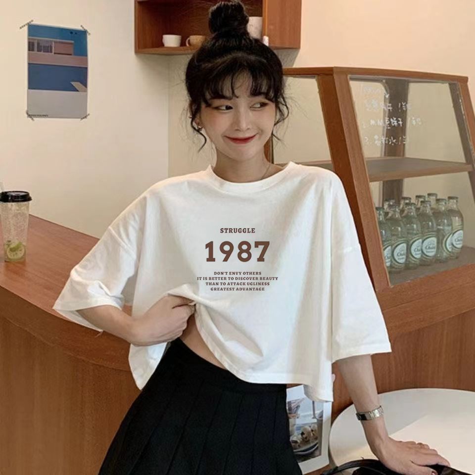 Harajuku ch short sleeve T-shirt women's white bottoms summer new Korean student loose print top ins fashion