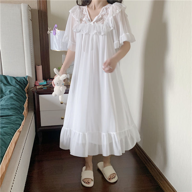 Summer lace nightdress women's sweet long pajamas summer new thin section white lotus leaf sleeves can be worn outside home clothes