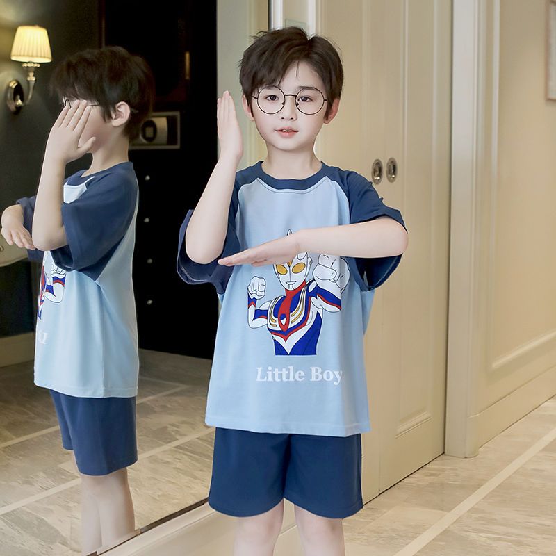睡衣男女童夏棉質寬鬆短袖套裝兒童睡衣卡通女中大童小學生居家服
