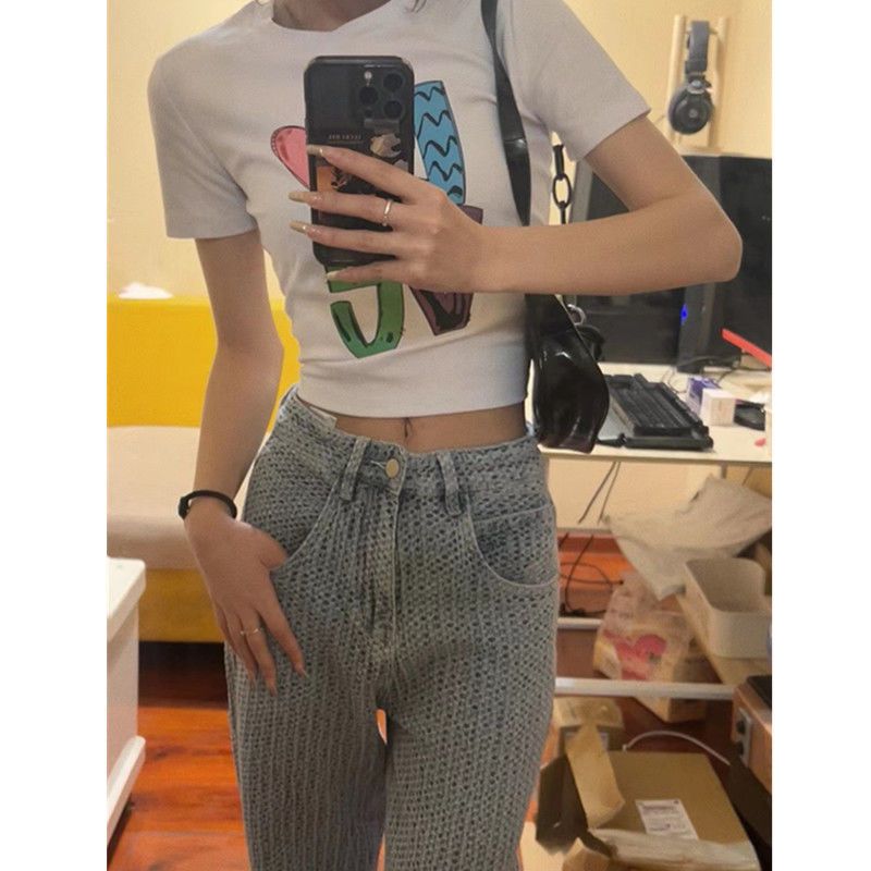 European and American high street jacquard woven jeans women's spring new high waist loose straight retro casual long trousers tide