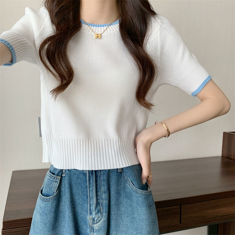 韩系甜美短款温柔上衣针织衫女夏季设计感小众短袖小个子T恤夏ins