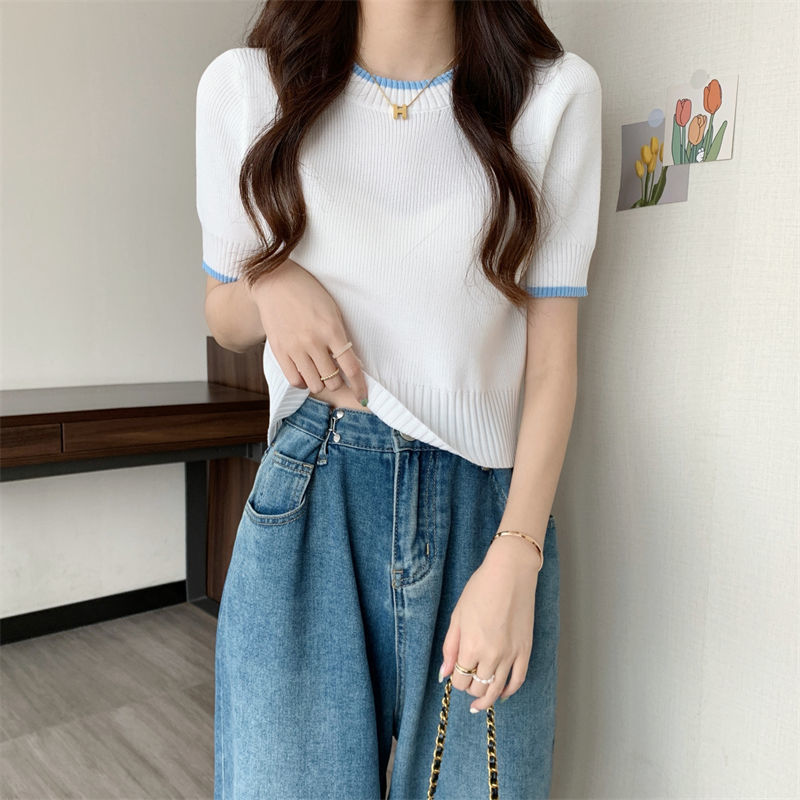 韩系甜美短款温柔上衣针织衫女夏季设计感小众短袖小个子T恤夏ins