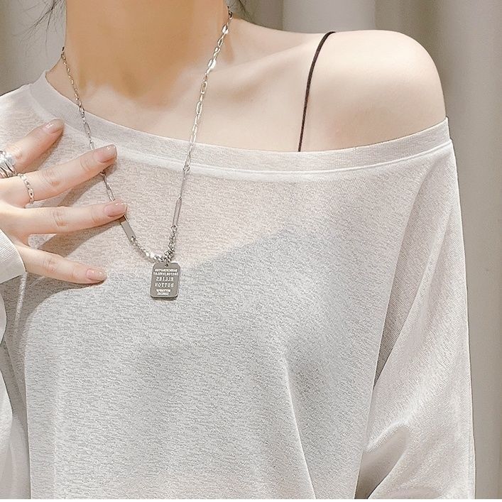 Ice silk sun protection clothing women's summer pullover blouse spring thin loose large neckline top white mid-length t-shirt