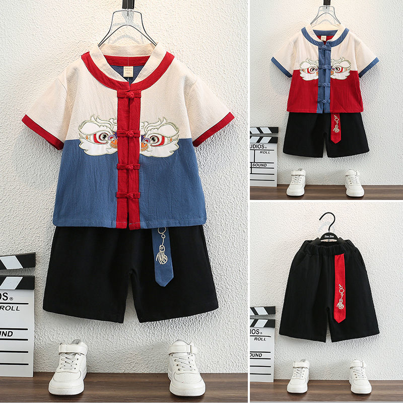 男童漢服套裝夏季幼兒園中國風古裝表演服薄款唐裝女童獅王演出服
