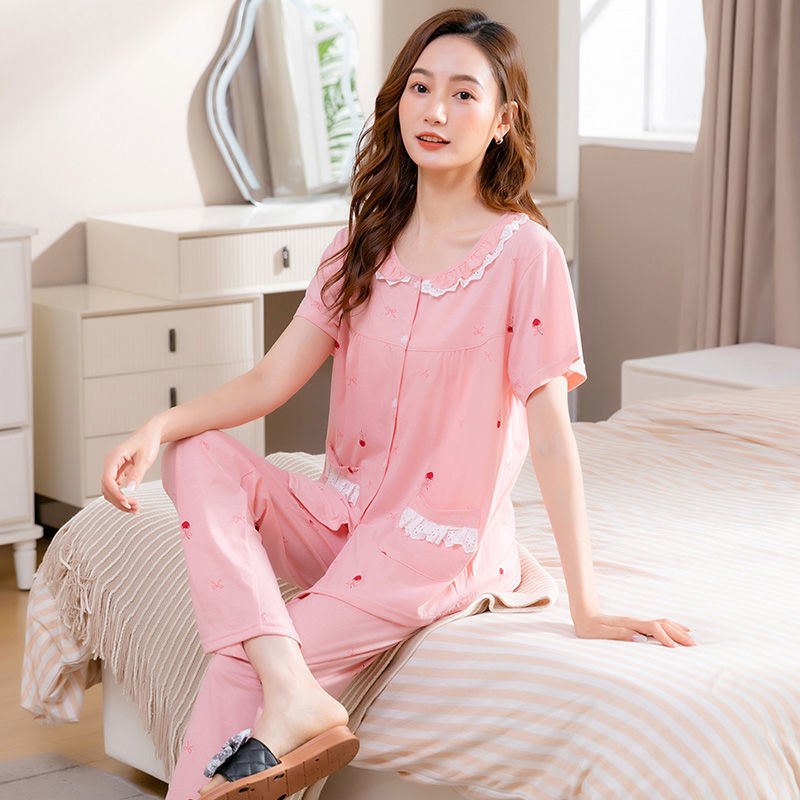 Spring and autumn pajamas women's short-sleeved cotton 2022 new thin trousers cardigan home service summer high-end