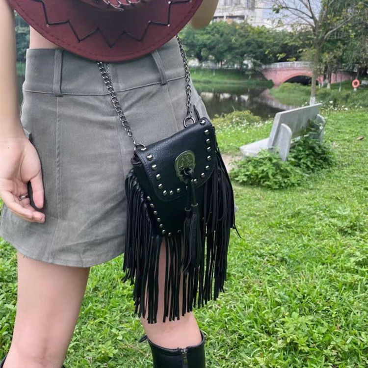 WOW原創Y2K千禧辣妹甜酷吉普賽休閒度假包亞逼包夏鏈條斜挎流蘇包