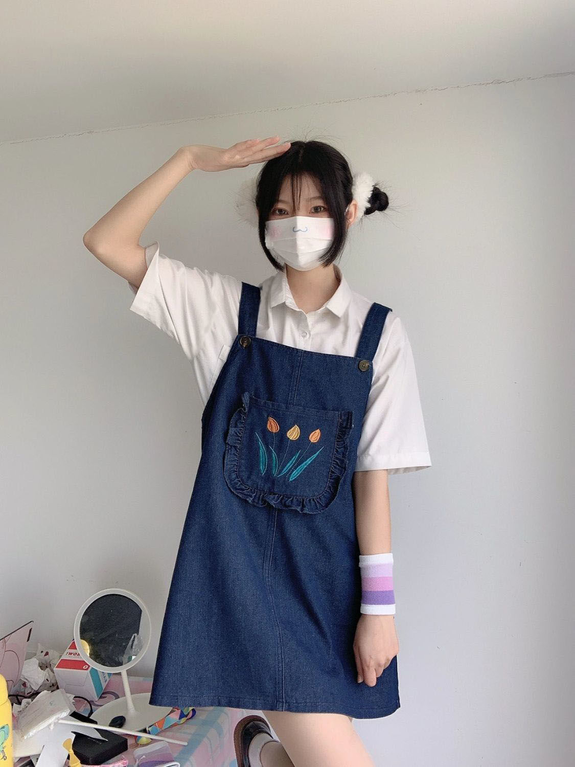 兩件套裝軟妹牛仔連衣裙甜美學生減齡背帶A字裙+娃娃領襯衫學院風