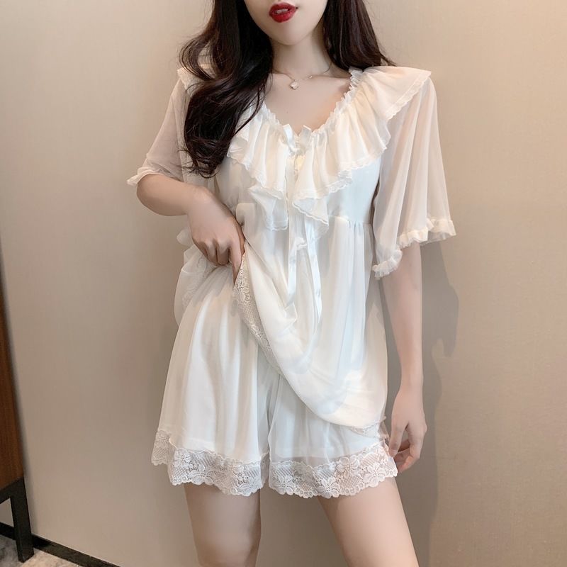 Sexy pajamas women's summer with chest pad 2022 new fashion mesh thin cute home clothes two-piece suit