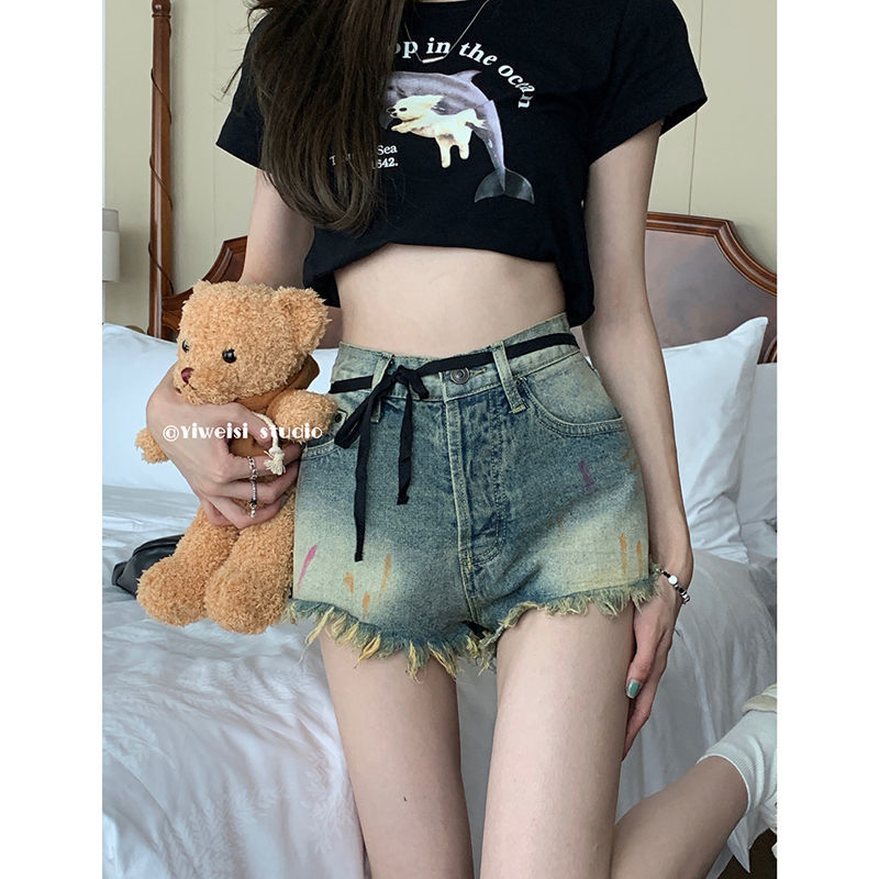 做舊復古毛邊牛仔褲女辣妹薄款直筒短褲夏季高腰顯瘦闊腿a字褲子