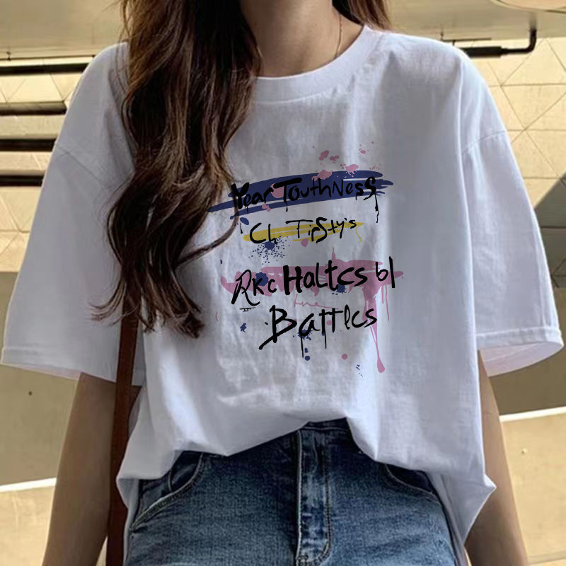 100%純棉短袖t恤女白色打底衫夏季新款韓版學生寬鬆印花上衣ins潮