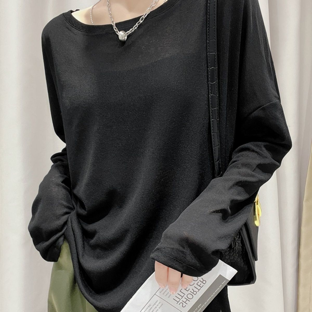 Ice silk sun protection clothing women's summer pullover blouse spring thin loose large neckline top white mid-length t-shirt