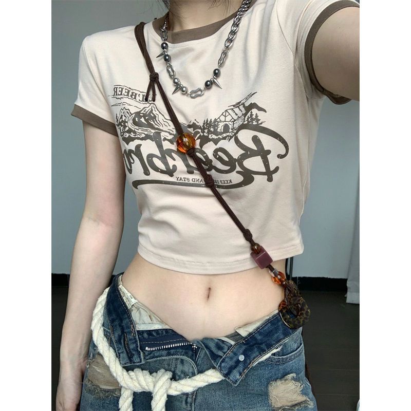 美式復古辣妹短袖T恤女夏季設計感小眾撞色緊身顯瘦露臍短款上衣