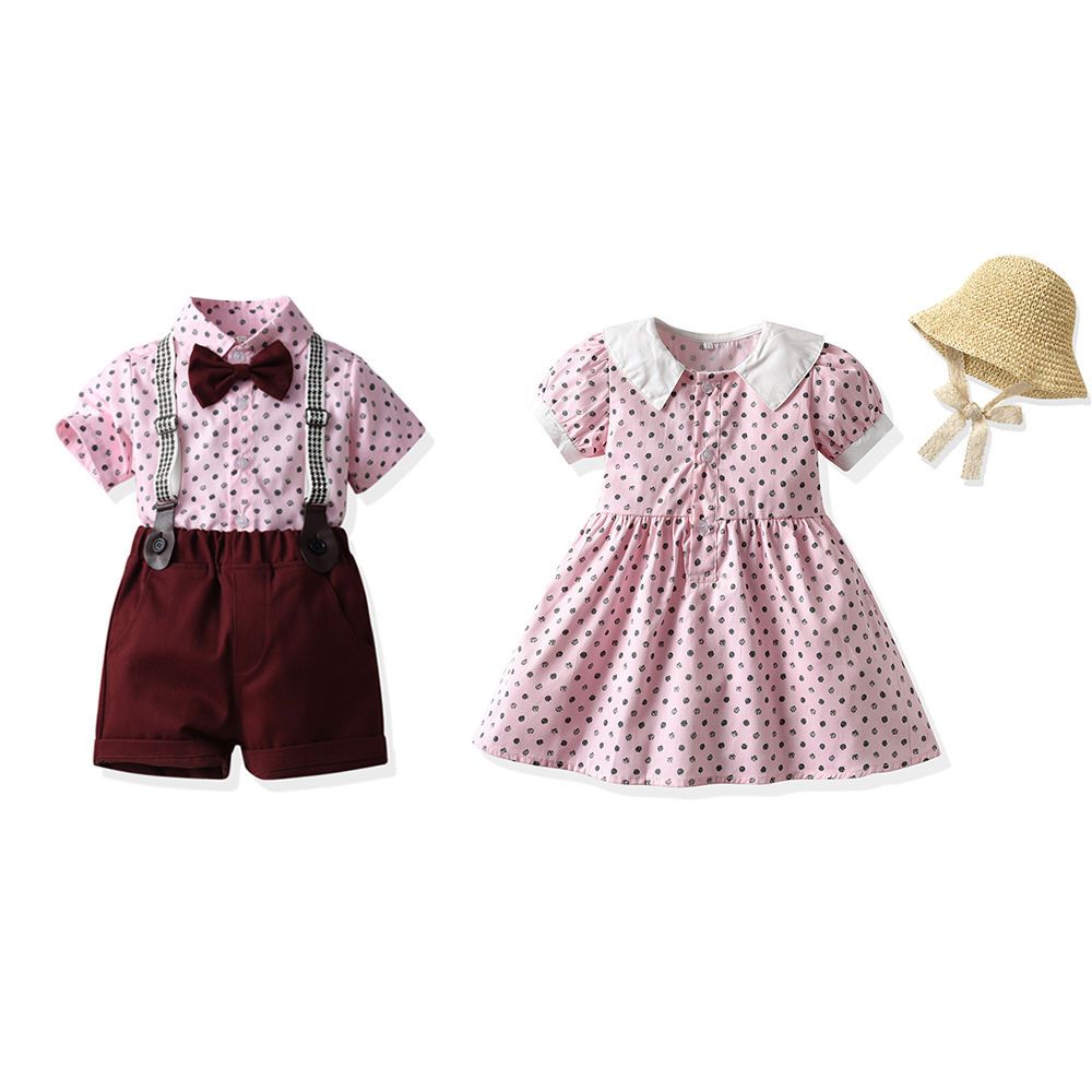  sister and brother outfit summer Korean version of male and female baby bow tie short-sleeved shirt strap shorts suit floral skirt