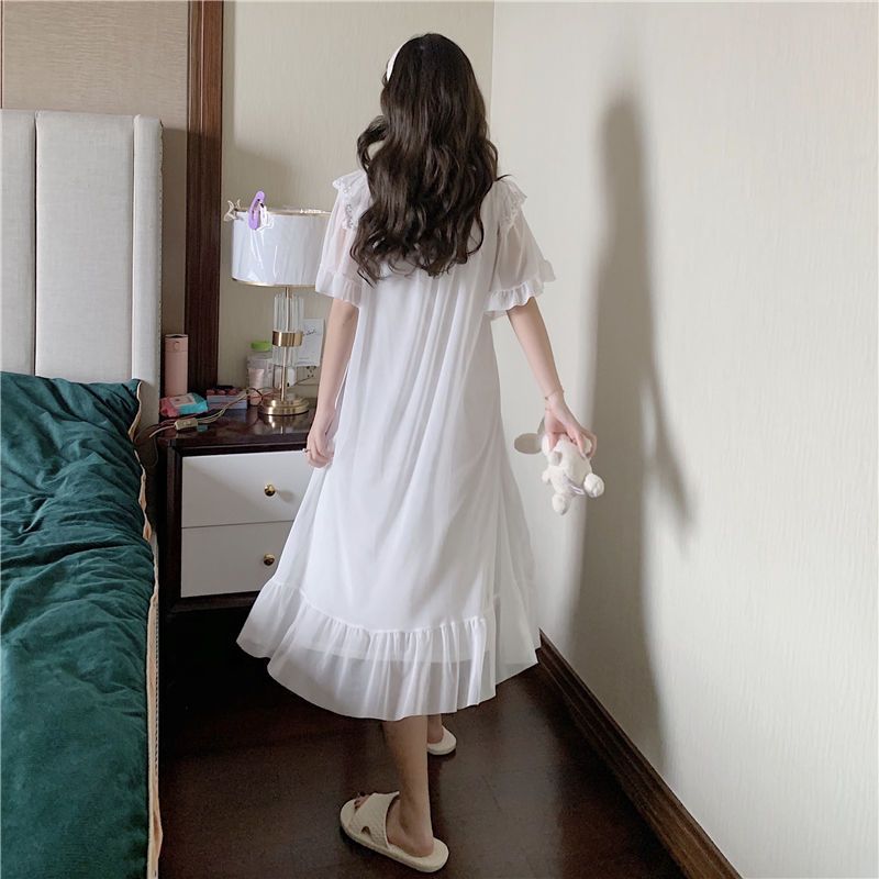 Summer lace nightdress women's sweet long pajamas summer new thin section white lotus leaf sleeves can be worn outside home clothes