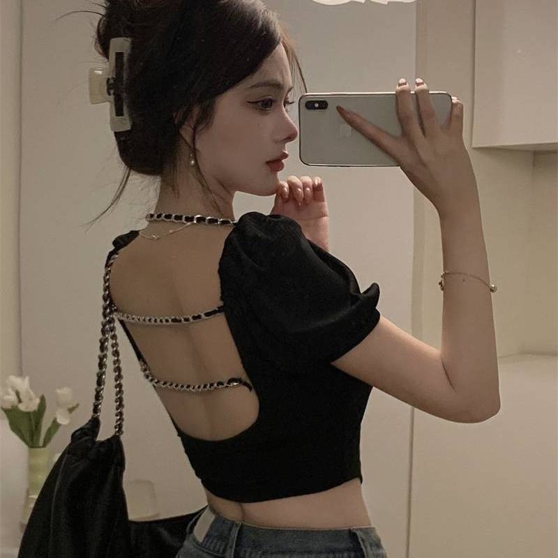 Sexy Backless Short Bottom Shirt Top Summer Design Chic T-Shirt Beautiful Back Black Short Sleeve T-Shirt Female