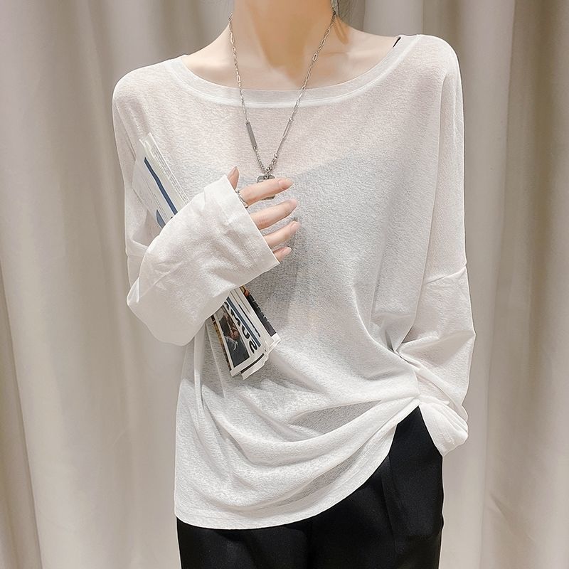 Ice silk sun protection clothing women's summer pullover blouse spring thin loose large neckline top white mid-length t-shirt