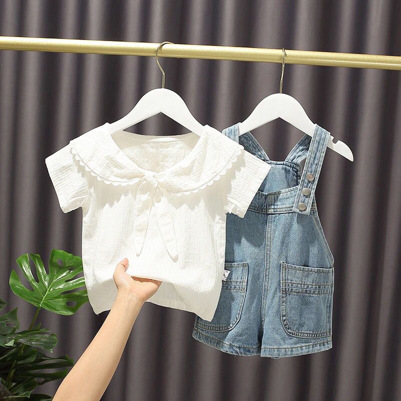 Children's summer suit pure cotton children's clothing girls denim overalls shorts summer baby girl short-sleeved two-piece casual