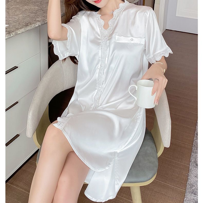 Nightdress women's summer ice silk breathable cool Korean version of luxury high-end silk pajamas new short-sleeved mid-length