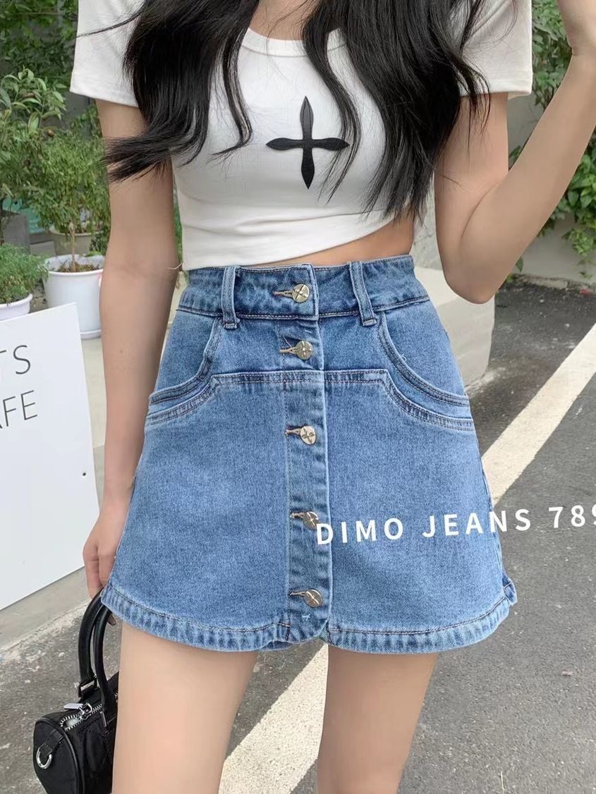 2023夏季歐貨大碼高腰顯瘦牛仔裙時尚單排扣A字一步半身裙褲女潮