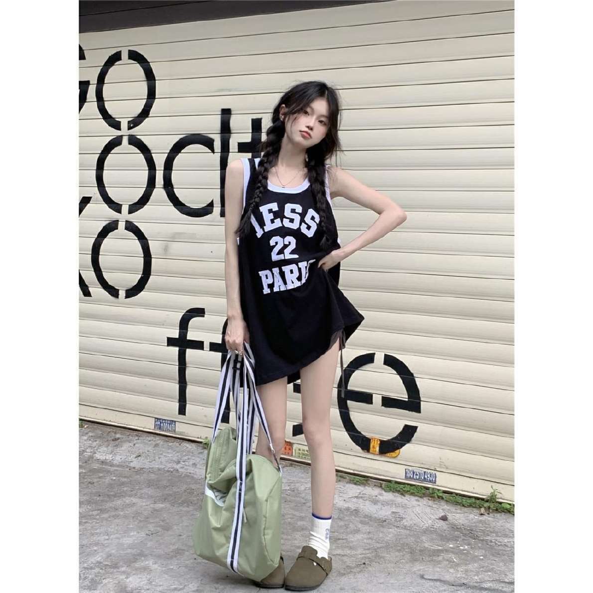 Summer round neck student mid-length retro letter printing loose sleeveless sports vest t-shirt top female ins tide