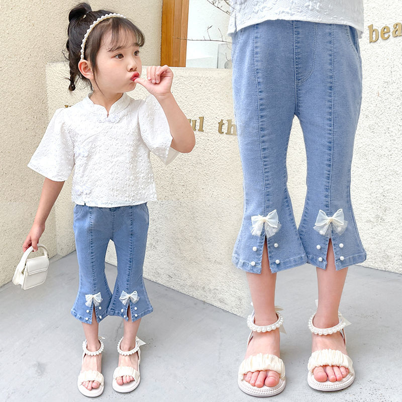 Girls' Denim Capris summer thin 2022 new little girls' foreign style versatile split bell bottoms Capris