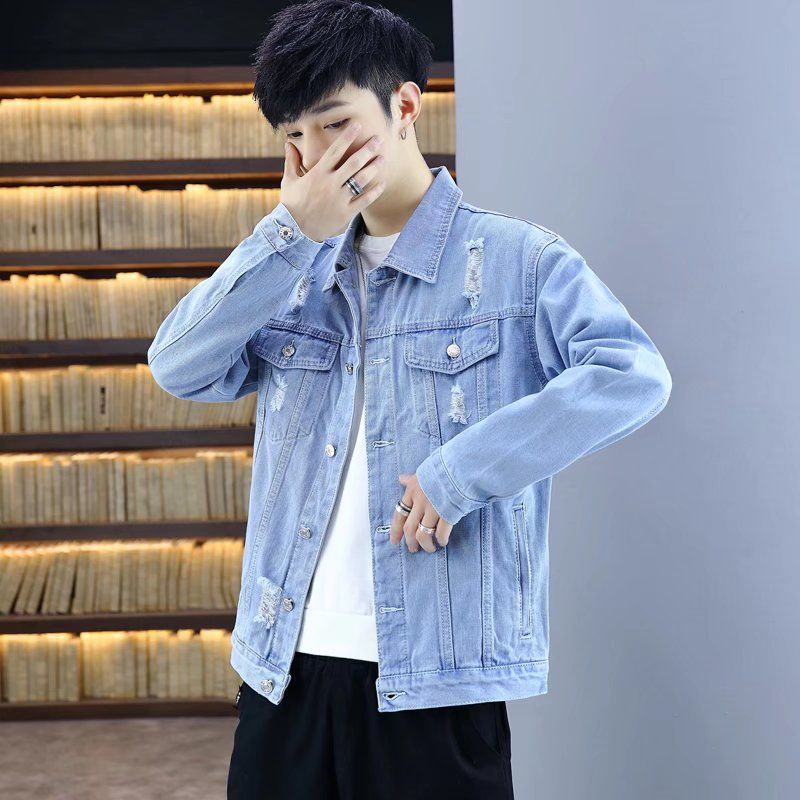 2022 ripped spring and autumn denim jacket men's light-colored new spring jacket Korean style trendy jacket student jacket