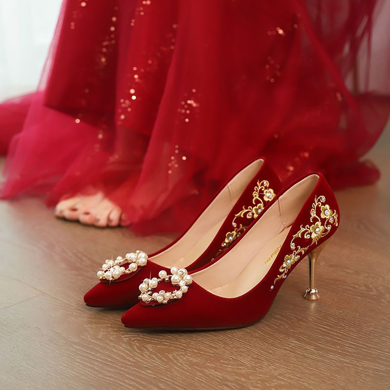 秀禾婚鞋女2022新款新娘鞋酒红色秀禾服不累脚高跟鞋中式结婚红鞋