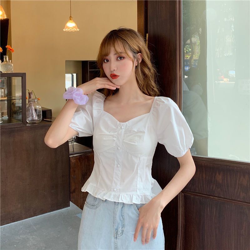 2023 spring and summer new French v-neck collarbone foreign style short top design sense niche bubble short-sleeved shirt women