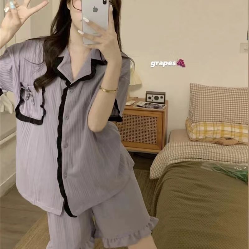 Ins purple ruffled pajamas women's summer sweet short-sleeved bow thin section students wear home clothes set