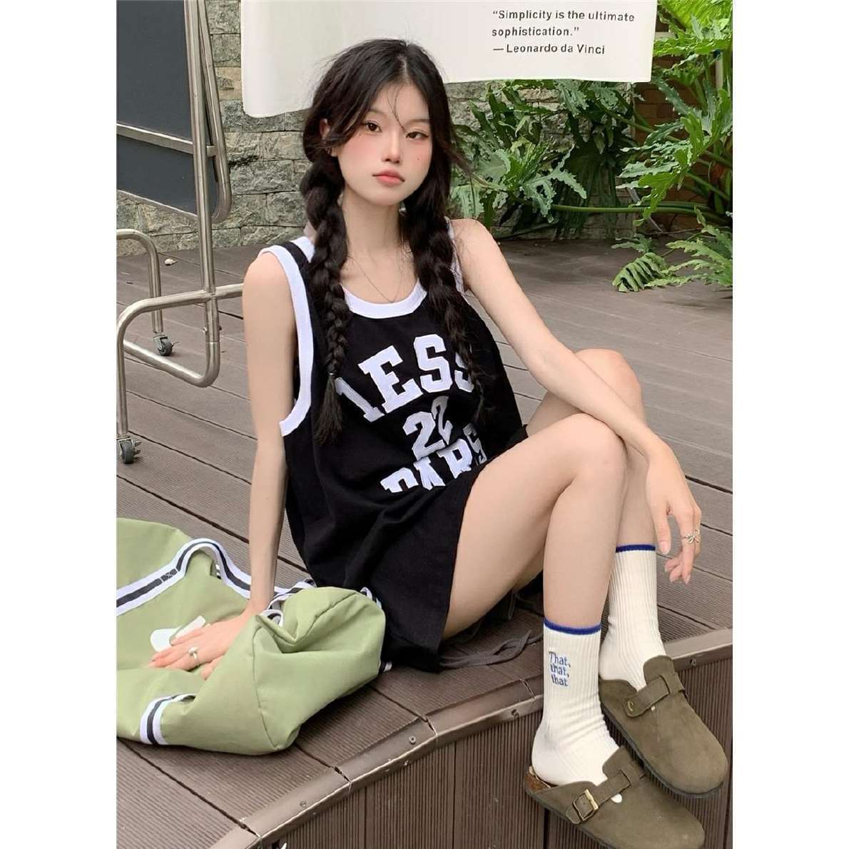 Summer round neck student mid-length retro letter printing loose sleeveless sports vest t-shirt top female ins tide