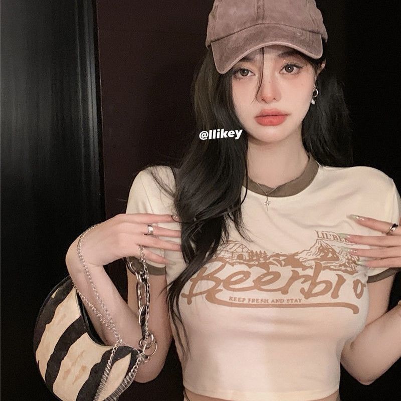 港味美式復古辣妹短袖t恤女夏季新款修身顯瘦短款露臍綁帶上衣ins