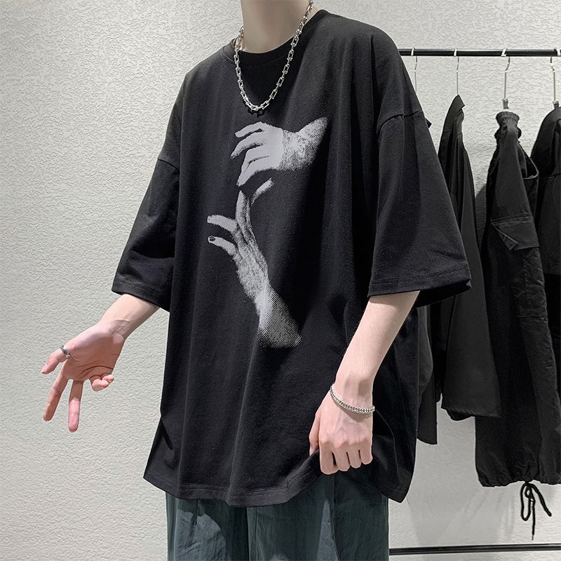 100%純棉寬鬆五分袖藝術雙手韓版短袖T恤男港風ins潮流百搭體恤