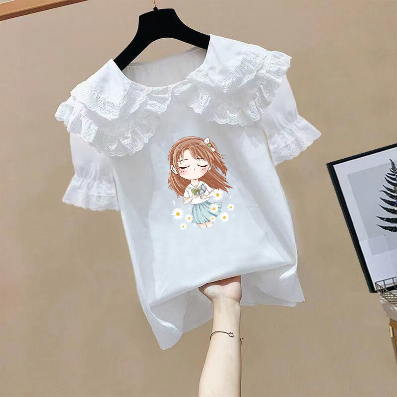 2023年新款夏季短袖娃娃领洋气短袖印花春装女童洋气韩版衬衫