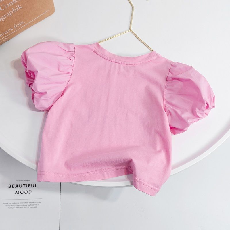 Girls pure cotton puff sleeve short-sleeved t-shirt trendy summer new children's baby Korean version cute foreign style loose top