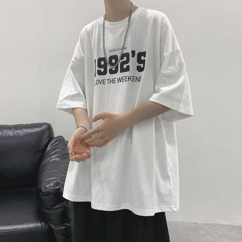 100%純棉寬鬆五分袖1992字母T恤男短袖夏季港風ins青少年休閒T恤