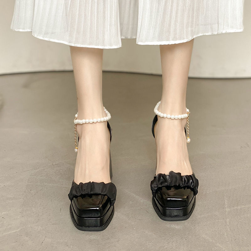 玛丽珍鞋女年春夏季新款时尚百搭小个子珍珠粗高跟方头小皮鞋
