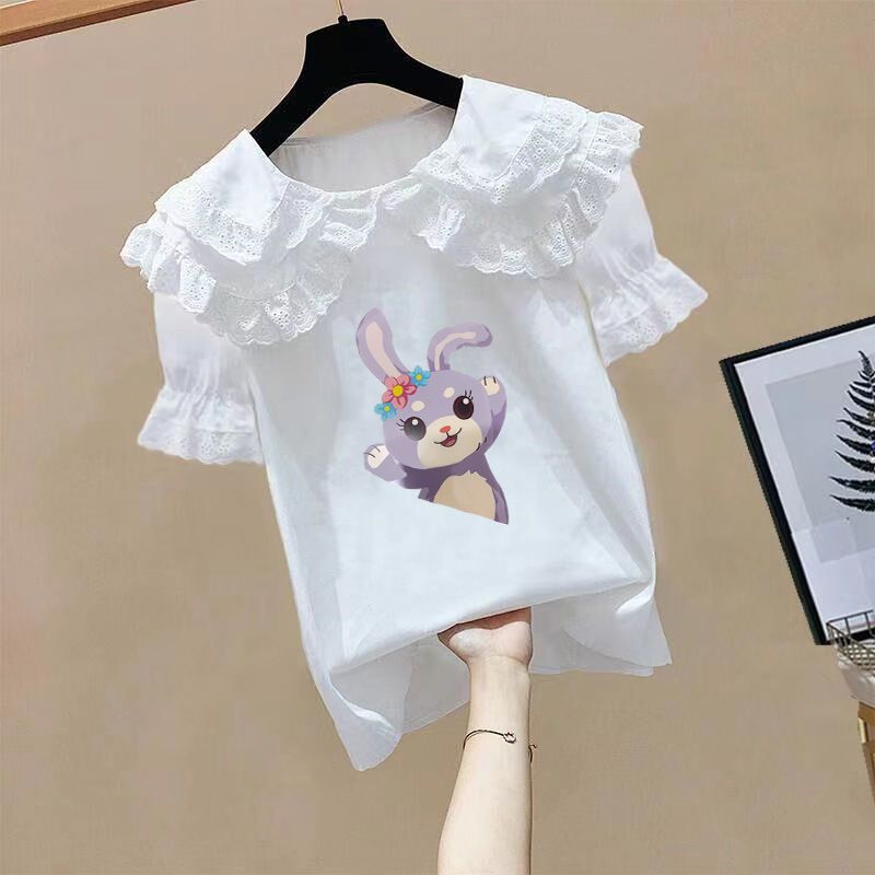 2023年新款夏季短袖娃娃领洋气短袖印花春装女童洋气韩版衬衫