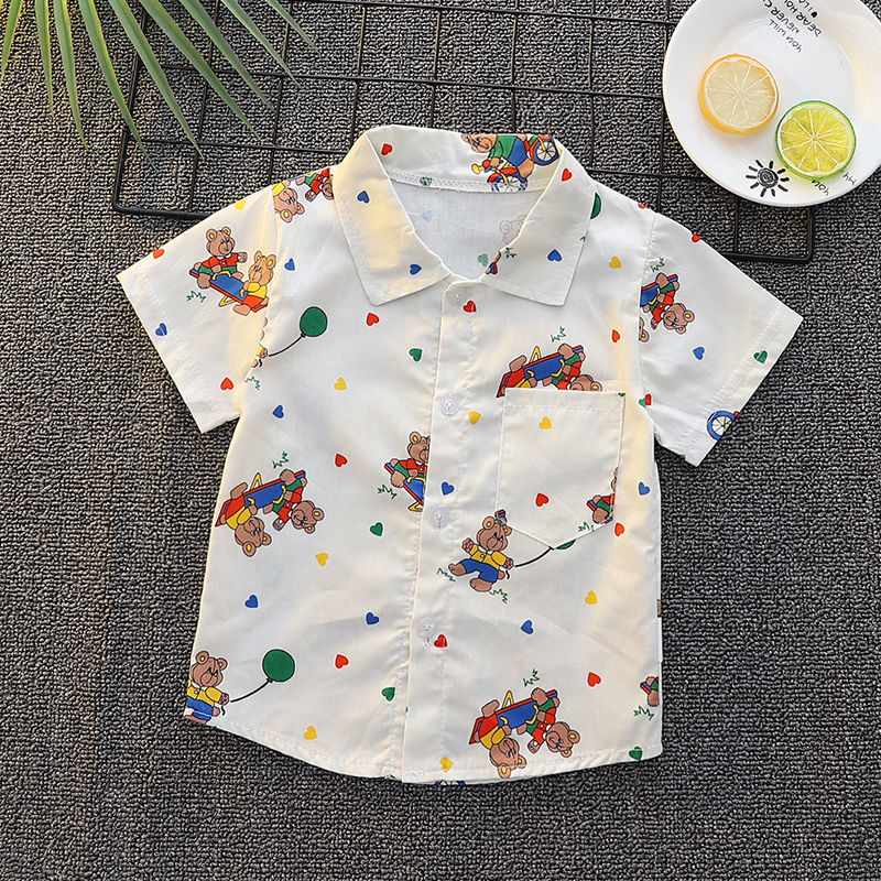 夏装新款儿童装男童休闲棉质短袖卡通衬衫宝宝夏季衬衣可爱半袖上
