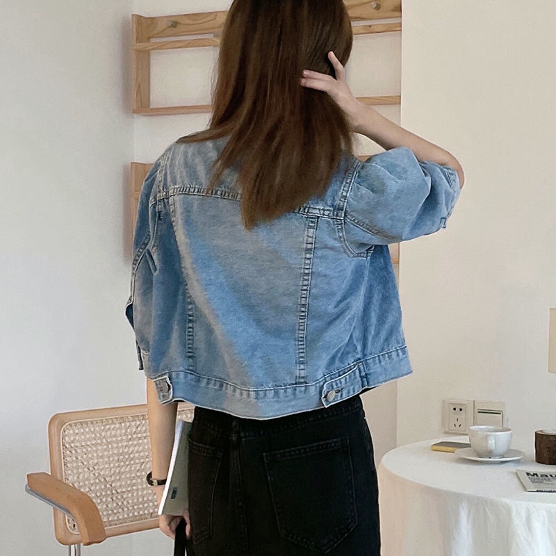 OUKABUYI denim small shawl thin section summer new loose sweet top puff sleeve denim jacket short section