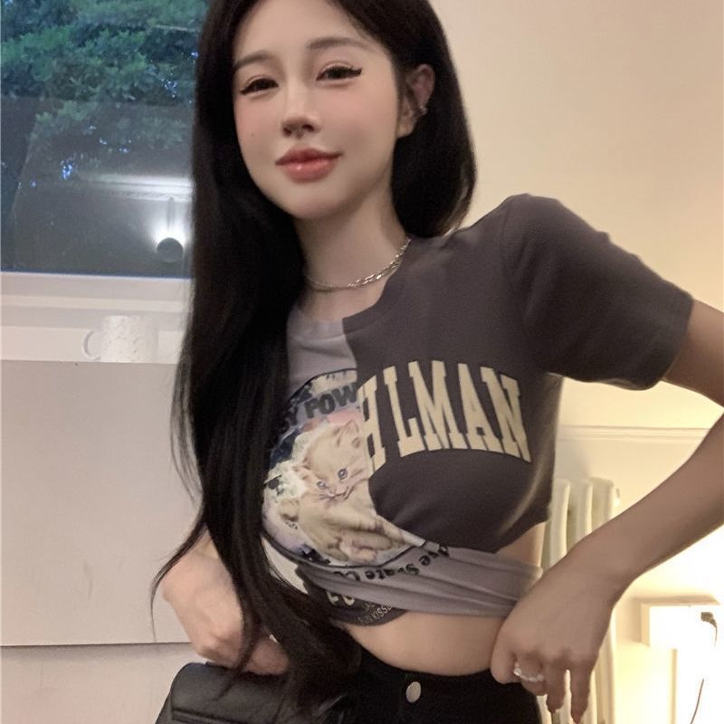 拼色交叉綁帶短袖T恤女夏季新款修身顯瘦小眾辣妹短款露臍上衣潮