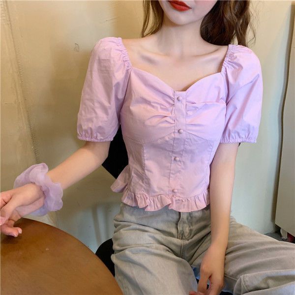 2023 spring and summer new French v-neck collarbone foreign style short top design sense niche bubble short-sleeved shirt women
