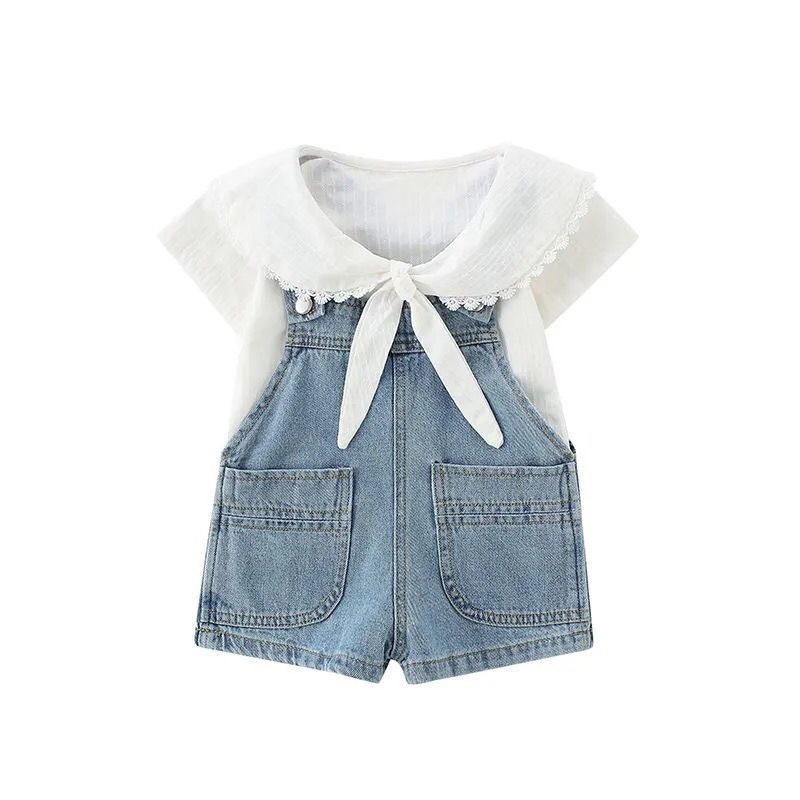 Children's summer suit pure cotton children's clothing girls denim overalls shorts summer baby girl short-sleeved two-piece casual