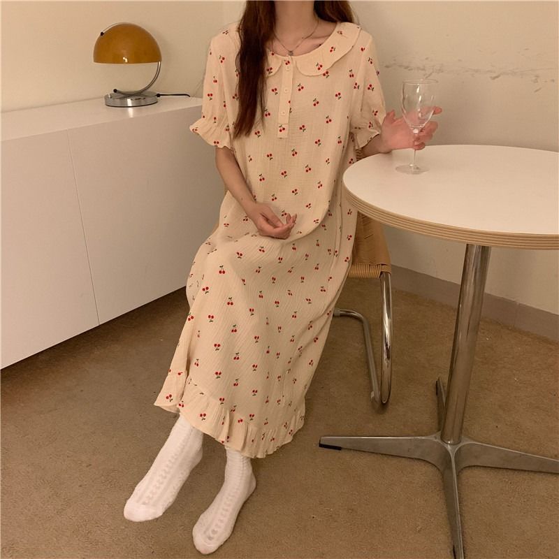 Summer ruffled round neck flower bud sleeve floral cherry short-sleeved mid-length nightdress women can wear home clothes in summer