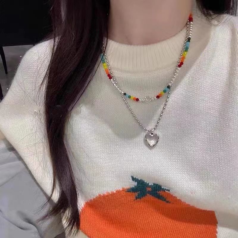 Candy Color Beaded Smiley Face Necklace 2-Piece Suit Stacked Sweater Heart Pendant Autumn and Winter Sweater Chain Clavicle Chain