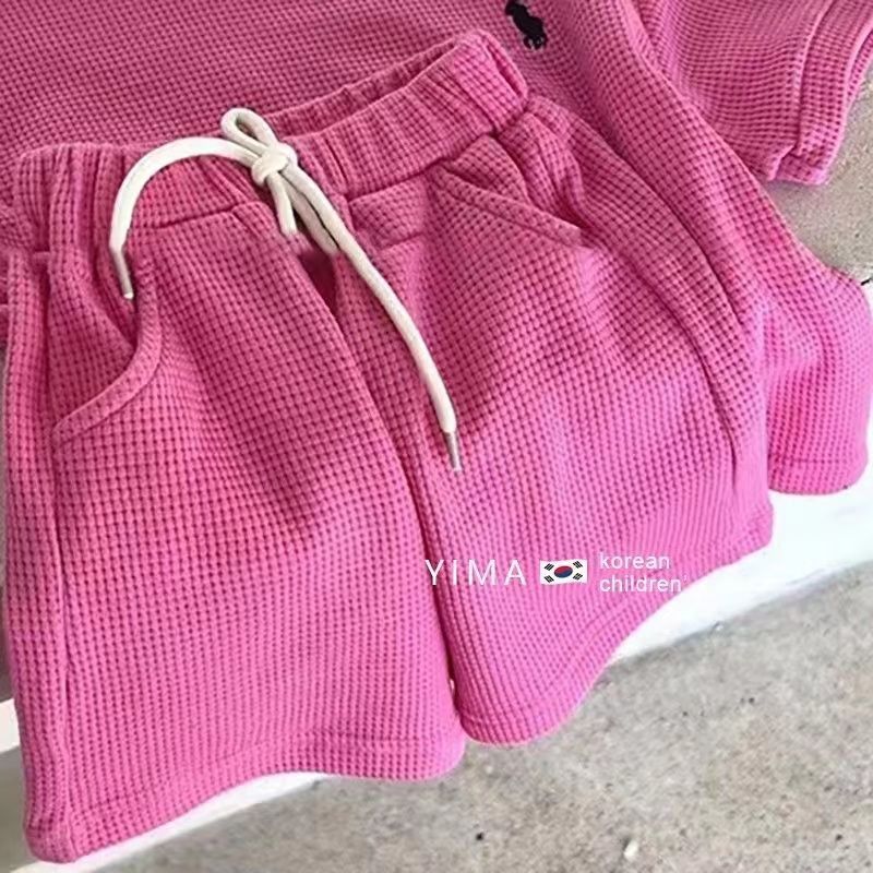 韩国童装2022夏季男童女童休闲运动套装儿童纯色短袖短裤两件套潮