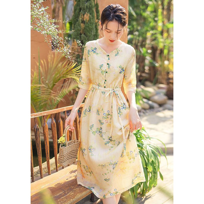 高端純棉連衣裙女夏季2023年新款大碼高腰顯瘦復古V領印花長裙子