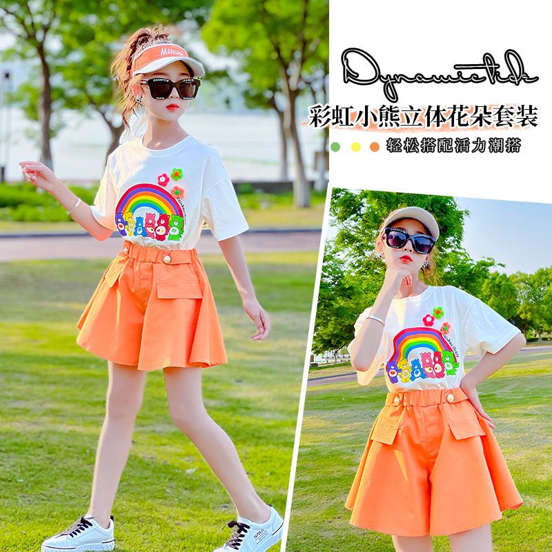 Girls summer suit 2022 new children's clothing fashion foreign style net red big boy two-piece set girl 12 years old summer