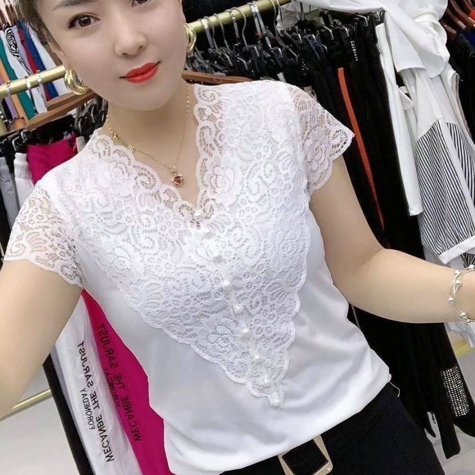 冰絲棉新款蕾絲七扣V領短袖時尚氣質高檔洋氣上衣女蕾絲花邊背心