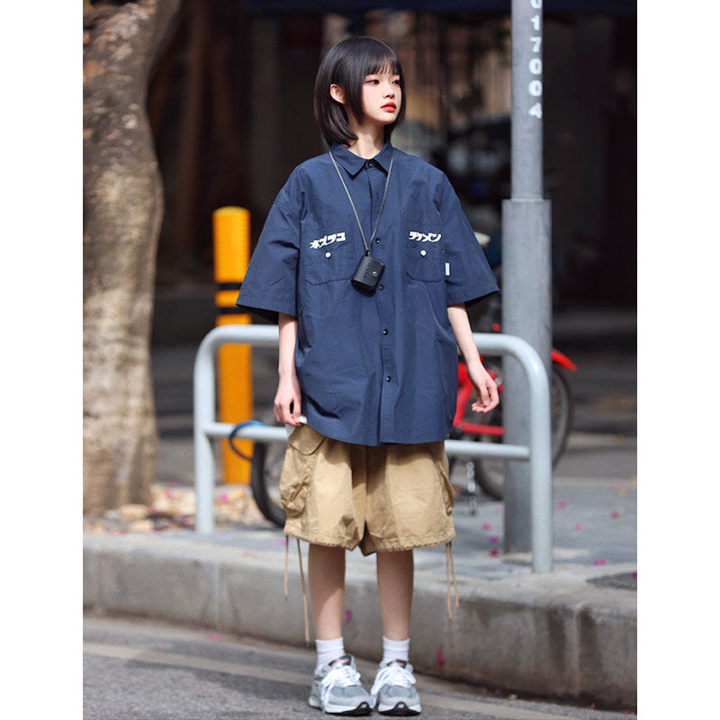 Vintage vintage Japanese shirt short-sleeved women's jacket men's summer high-end light luxury couple dress summer shirt